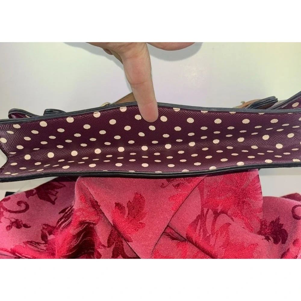 Burgundy Polka Dot Satchel Bag Tan Trim Crossbody Messenger‎ Top Handle Retro
